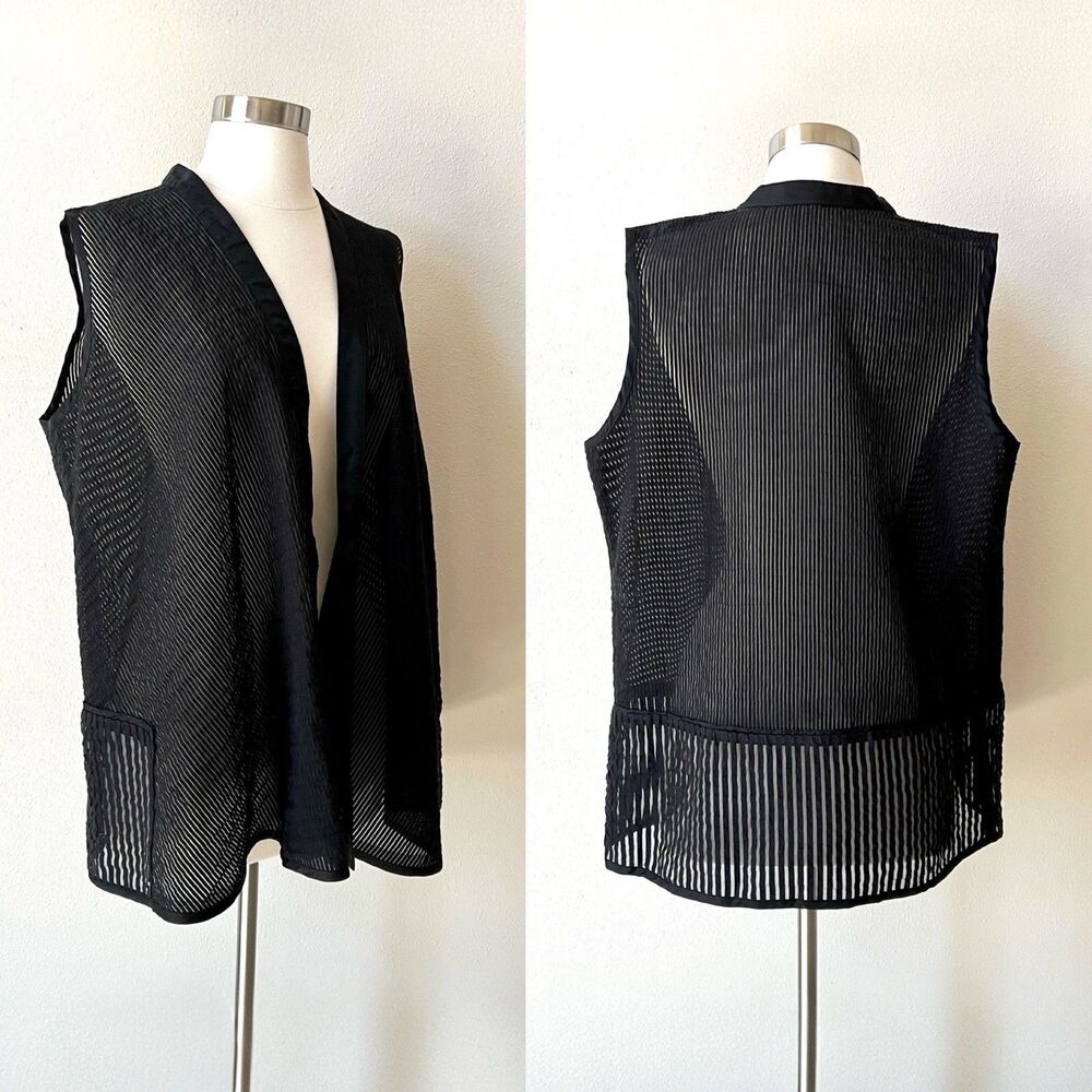 Emil Rutenberg Lagenlook Mixed Media Sheer Longline Vest Open Front Black 8 USA